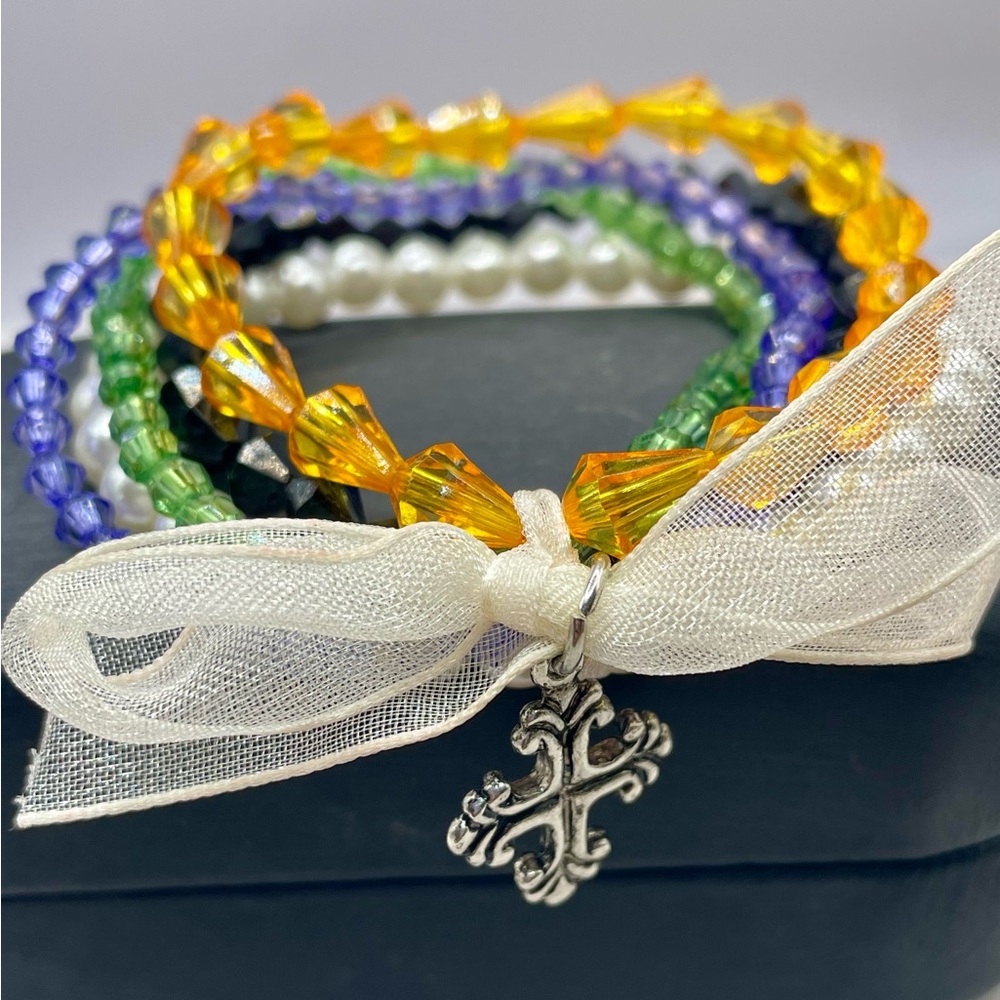 Colorful Multi Strand Beaded Stretch Bracelet w/Cross Charm and Ribbon. Size 6.5